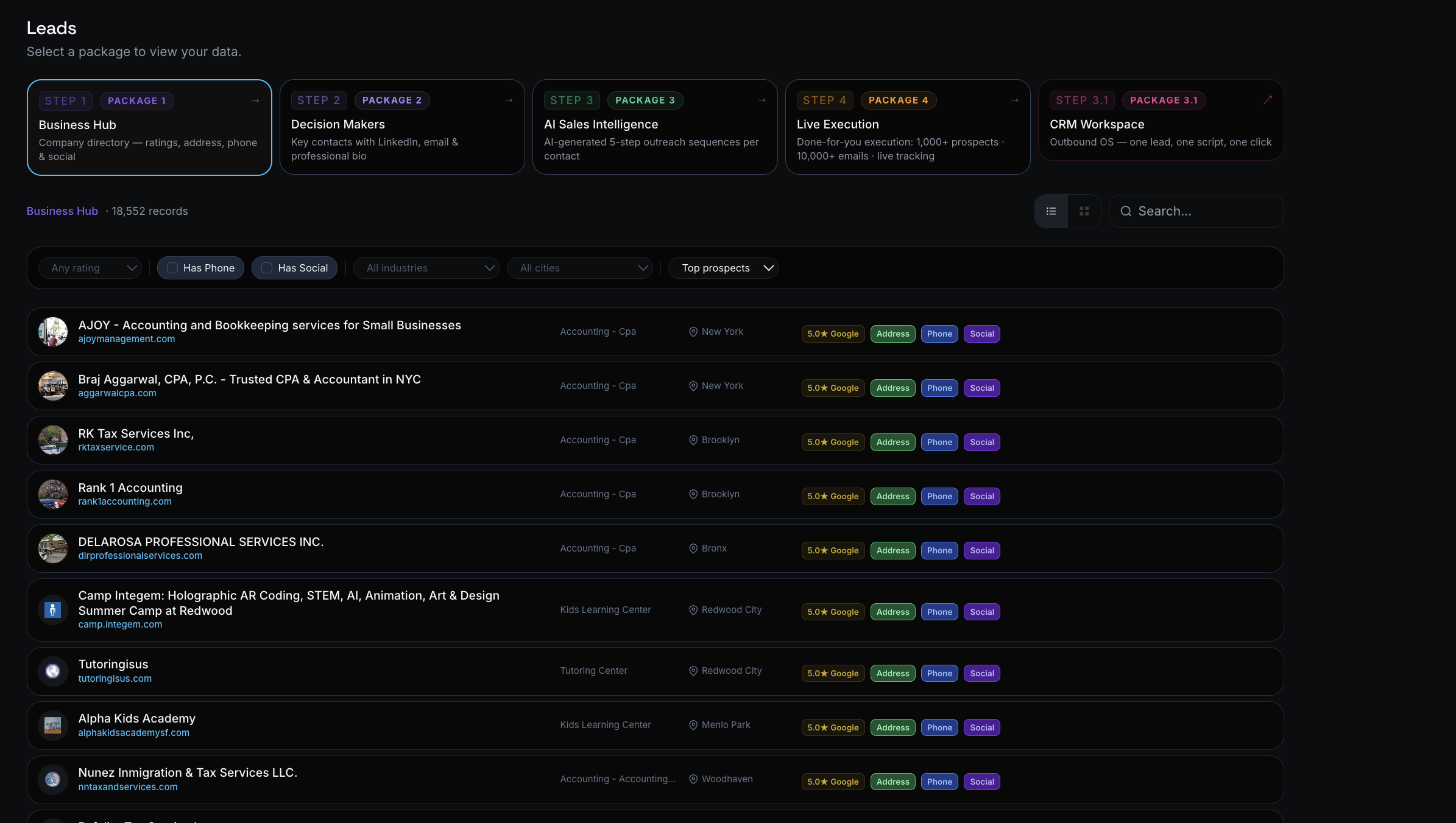 Outbound AI business hub with searchable company records